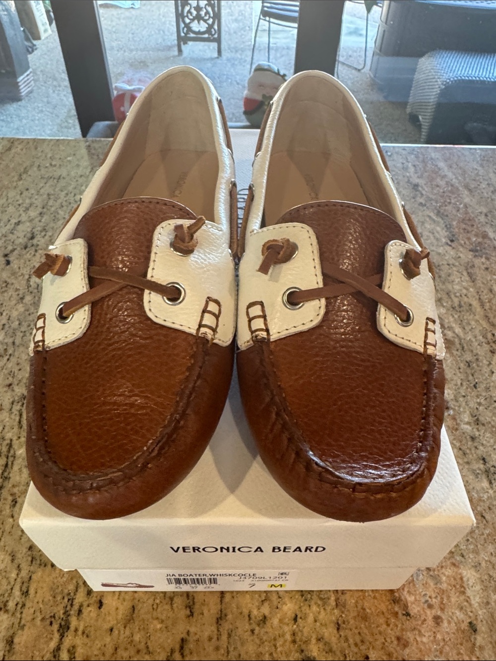 Veronica Beard Brown and White Leather Moccasin Boat Shoes
